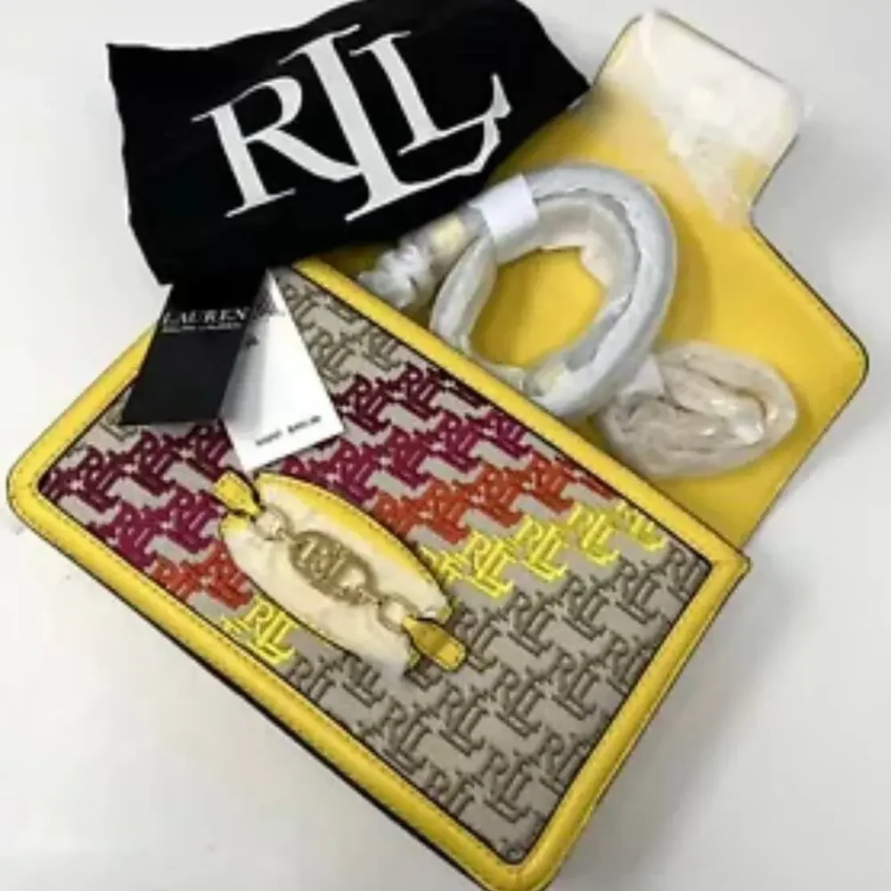 Ralph Lauren Medium Sydnee Monogram Jacquard Shoulder Bag Purse Yellow Pink Orng